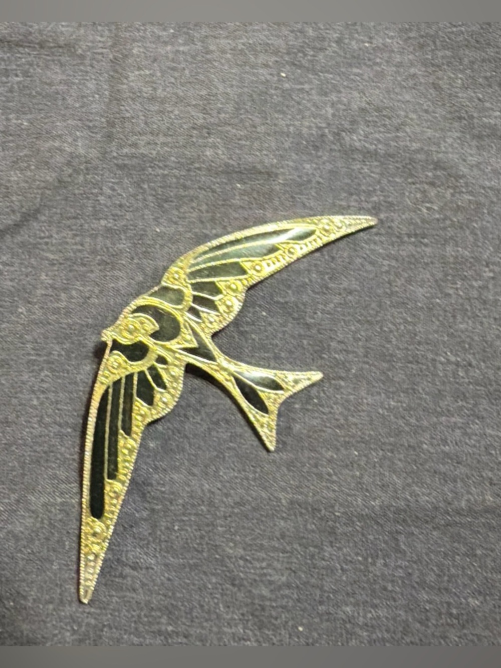 Lovely Large Vintage Art Deco Black With Gold Tone Swallow Bird Broach, Coat Pin